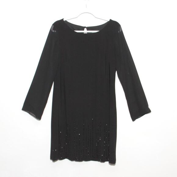 Xscape Beaded bottom Sheer Sleeve  Black Sheath Dress Size 12 - Picture 1 of 7